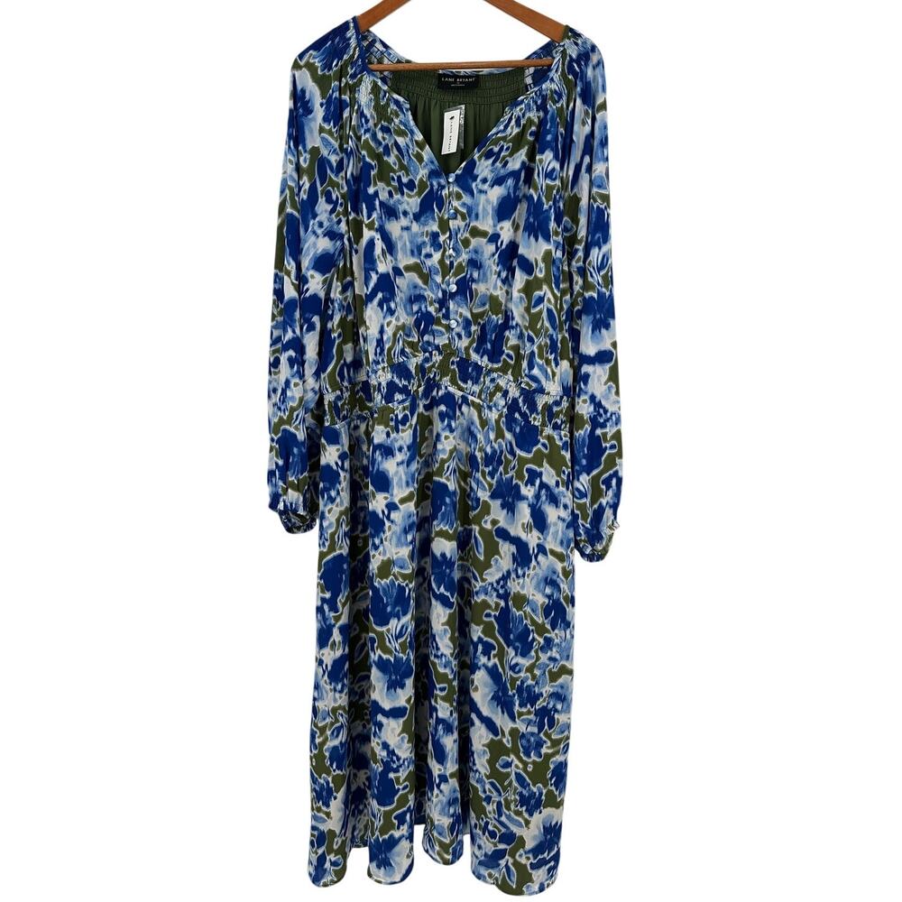 LANE BRYANT NWT Smocked Neck Waist Blue Green Midi Dress // 24 - Picture 4 of 15